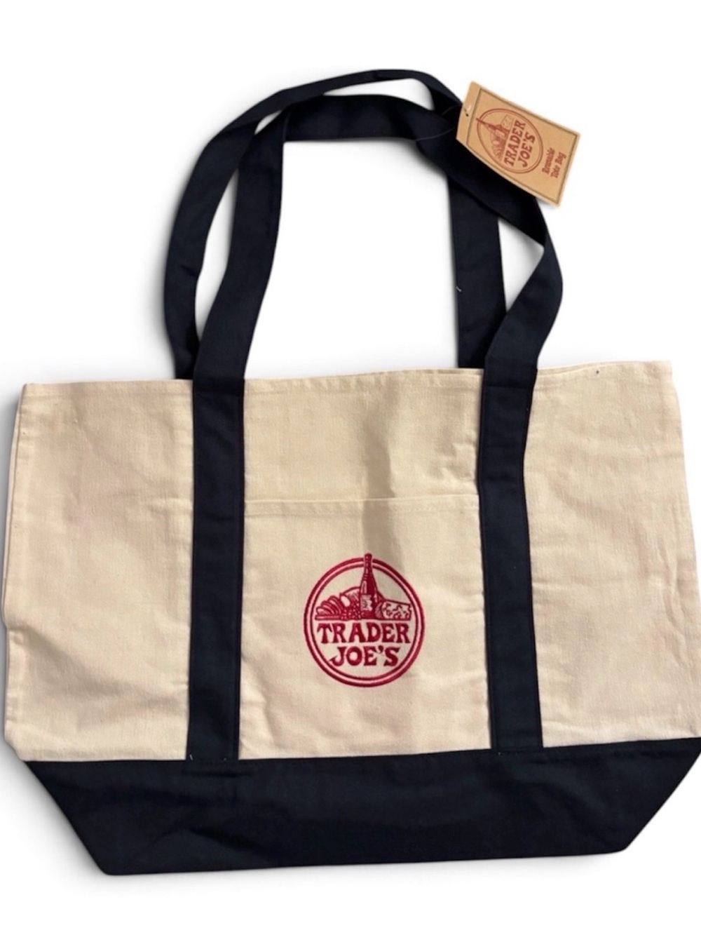 2 Trader Joe’s Beige and navy Canvas Tote Bags